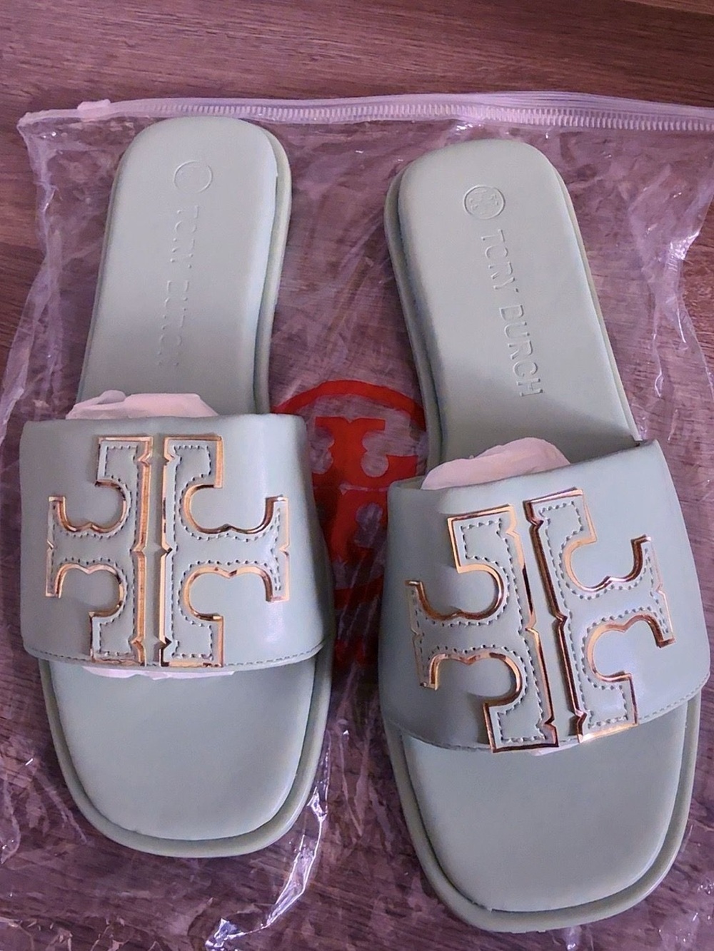 Tory Burch Mint Green Logo Slide Sandals with Gold Trim